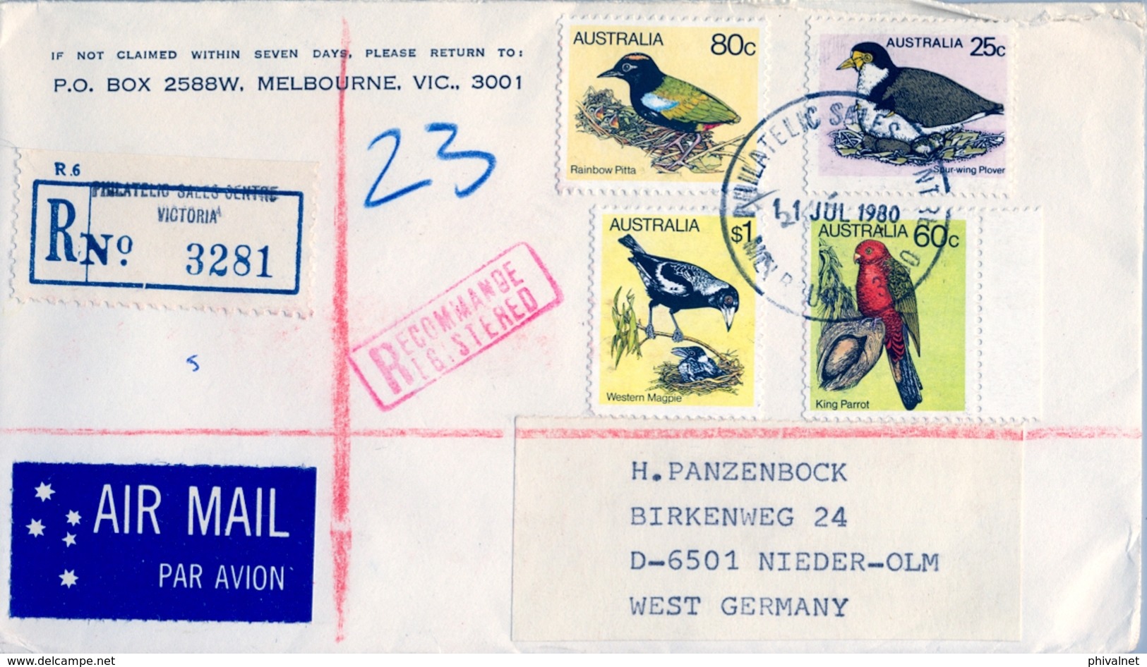 1980 , AUSTRALIA , CORREO AÉREO , CERTIFICADO MELBOURNE - NIEDER OLM , SERIE BÁSICA - AVES , BIRDS - Cartas & Documentos