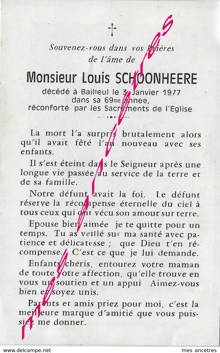 En 1977 Bailleul (59) Louis SCHOONHEERE - Décès