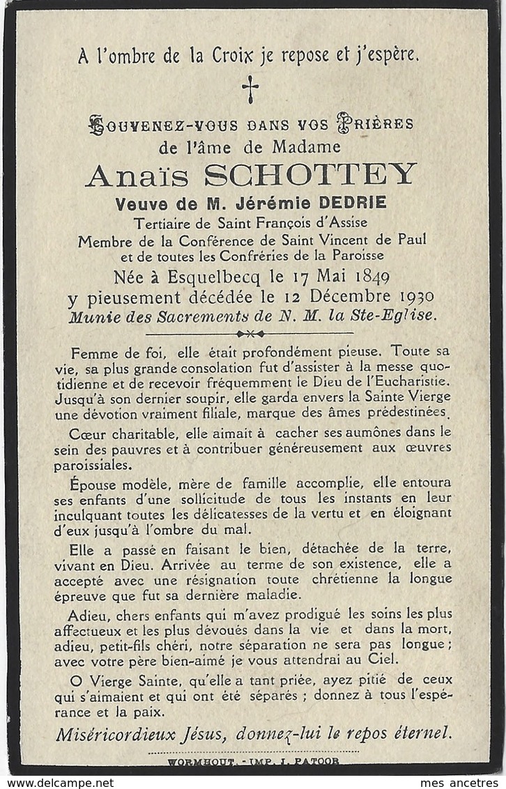 En 1930 Esquelbecq L (59) Anaïs SCHOTTEY Ep Jérémie DEDRIE Tertiaire De St François D'Assise Et Utres Confrériessch - Décès