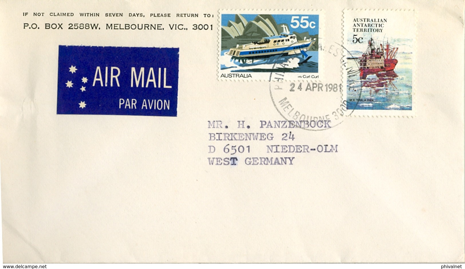 1981 , AUSTRALIA , CORREO AÉREO , MELBOURNE - NIEDER OLM , BARCOS , SHIPS - Cartas & Documentos