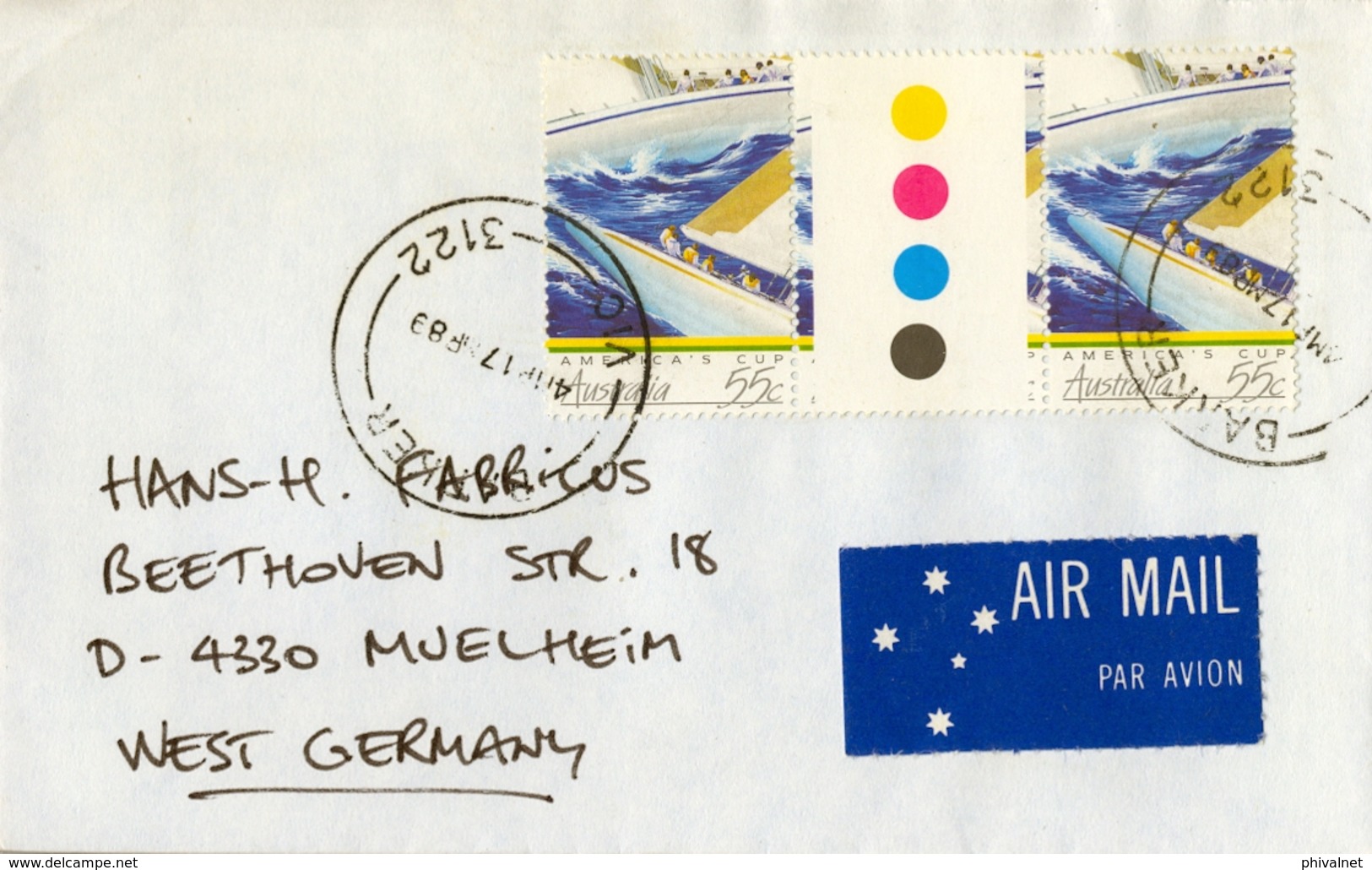 1989 , AUSTRALIA , CORREO AÉREO , BARKER - MUELHEIM , VELA , AMERICA'S CUP - Cartas & Documentos