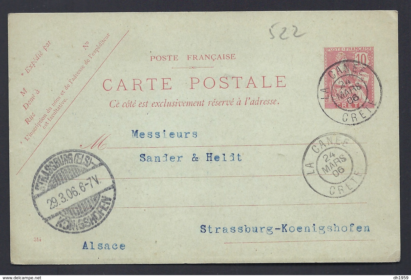 CRETE KRETA LA CANEE 1906 Pour STRASBOURG KÖNIGSHOFEN  ENTIER POSTALE COLONIES STATIONERY GANZSACHE - Other & Unclassified