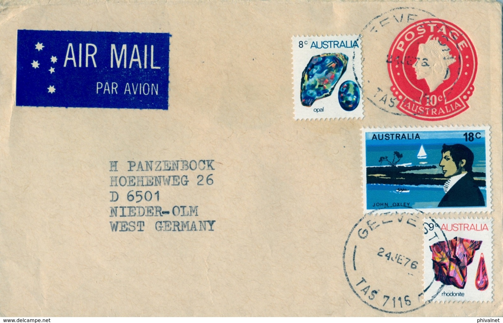 1976 , AUSTRALIA , CORREO AÉREO , GEEVESTON - NIEDER OLM , SOBRE ENTERO POSTAL , JOHN OXLEY , MINERALES - Cartas & Documentos