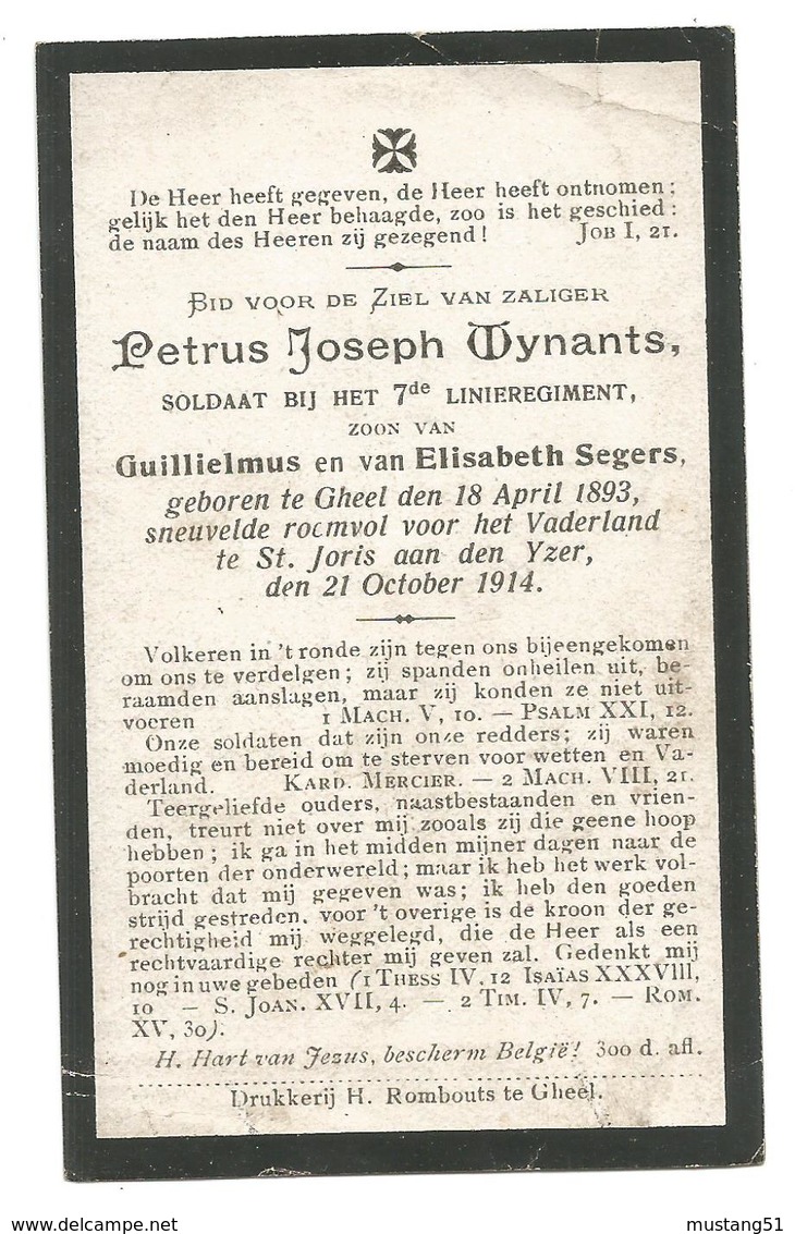 Doodsprentje Soldaat 7e Linieregiment Geel + Nieuwpoort Sint-Joris 1914 - Santini