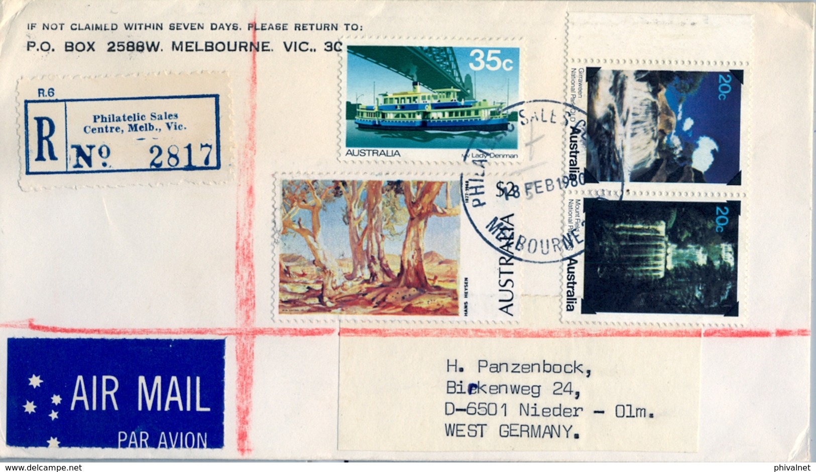 1980 , AUSTRALIA  , CERTIFICADO - CORREO AÉREO , MELBOURNE - NIEDER OLM , PARQUES NACIONALES , PINTURA , BARCOS - Cartas & Documentos