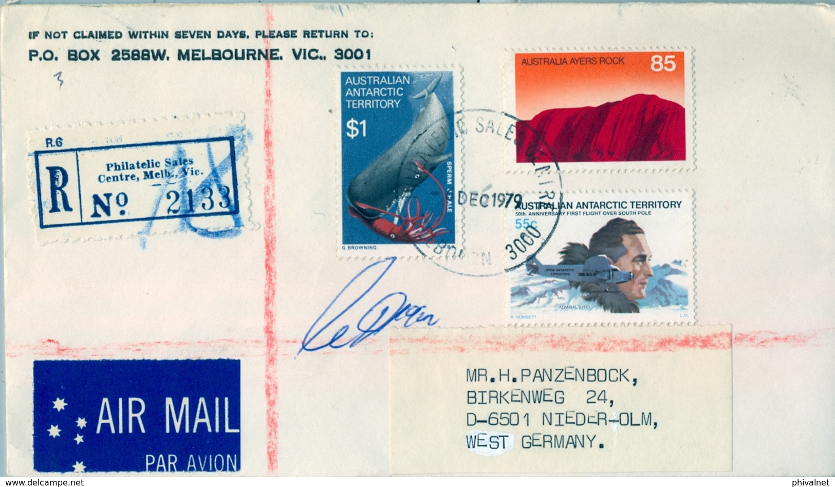 1979 , AUSTRALIA  , CERTIFICADO - CORREO AÉREO , MELBOURNE - NIEDER OLM , PRIMER VUELO SOBRE EL POLO , AYERS ROCK - Cartas & Documentos