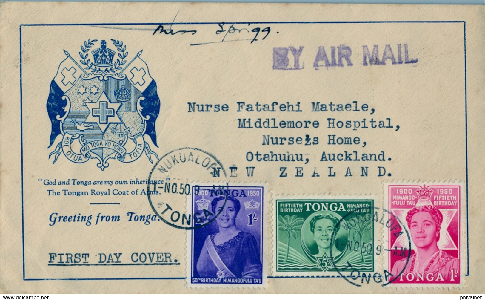 1950 TONGA  , CORREO AÉREO , NUKUALOFA - AUCKLAND , REINA SALOTE - Tonga (1970-...)