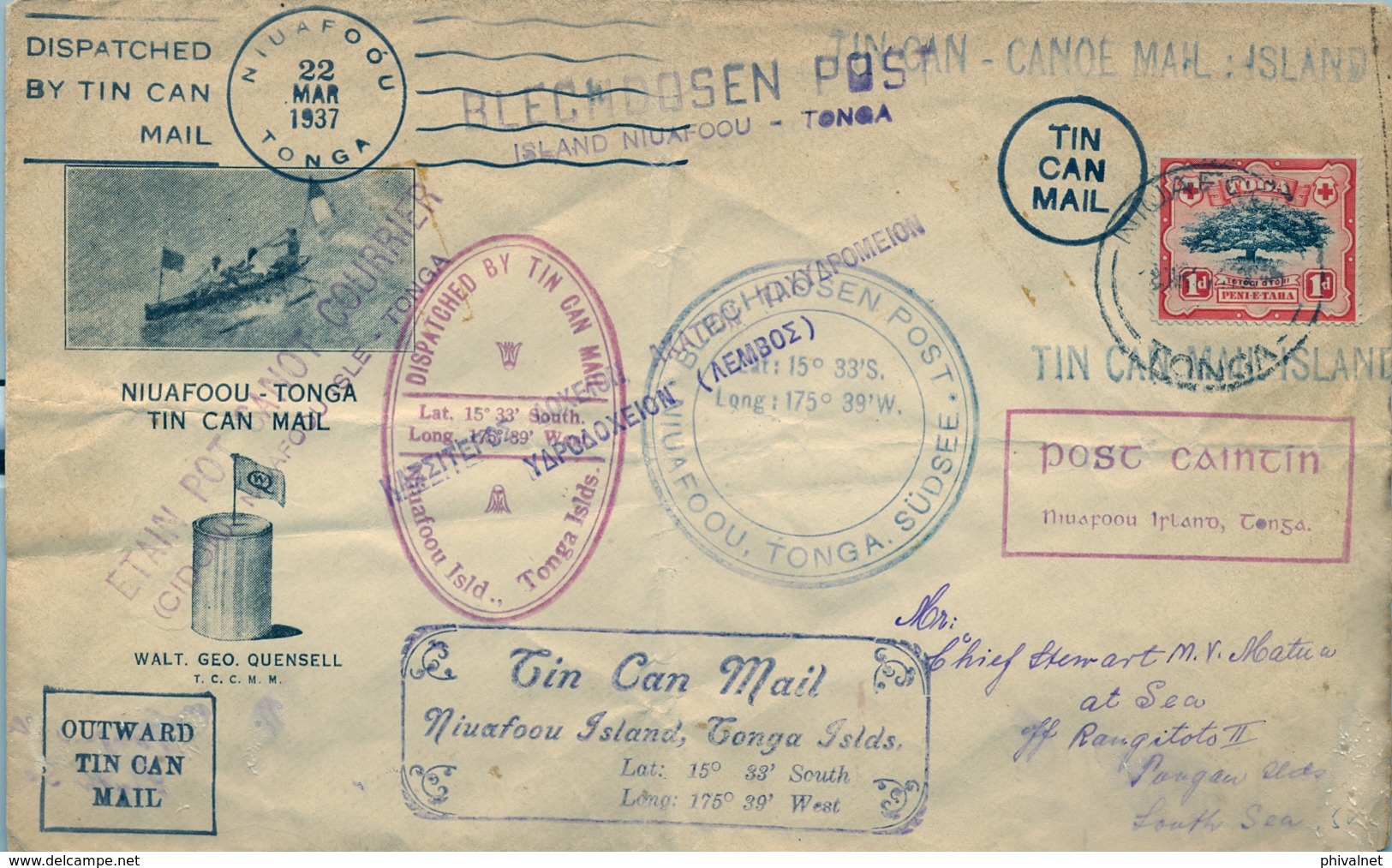 1937 TONGA  , CORREO EN CANOA , TIN CAN - CANOE MAIL , NIUAFO OU , DIVERSAS MARCAS , RARO - Tonga (1970-...)