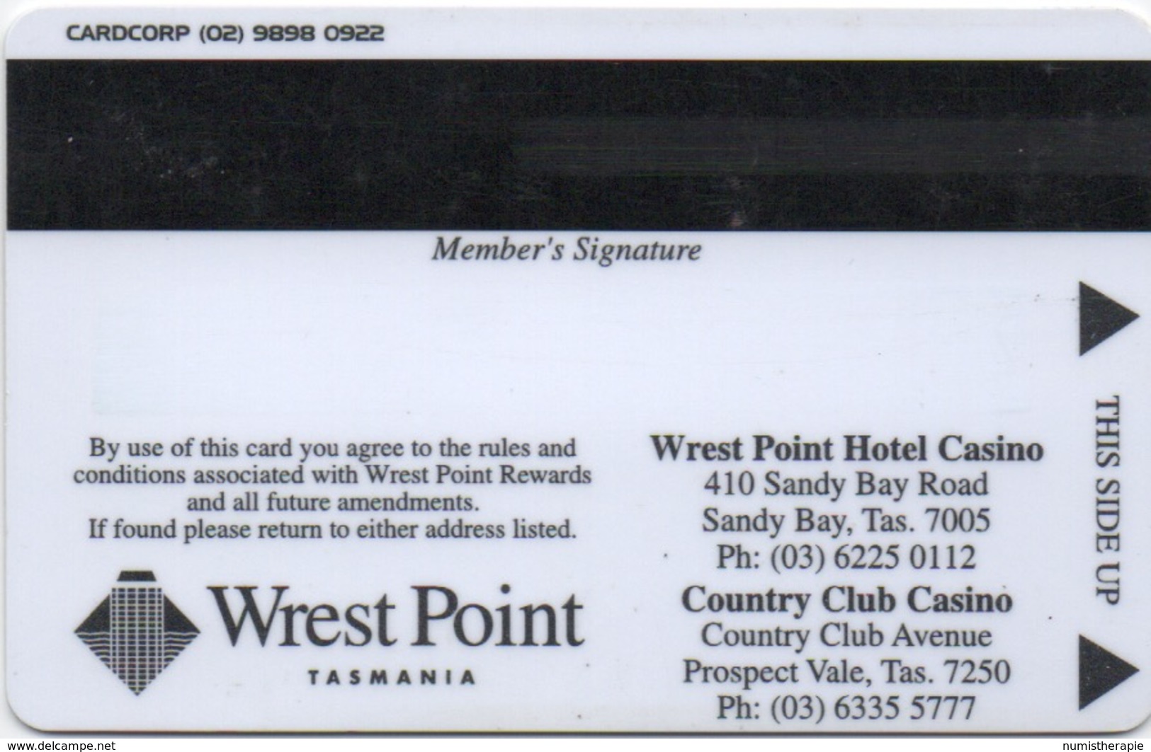 Australie : Carte Casino Wrest Point Tasmanie - Cartes De Casino