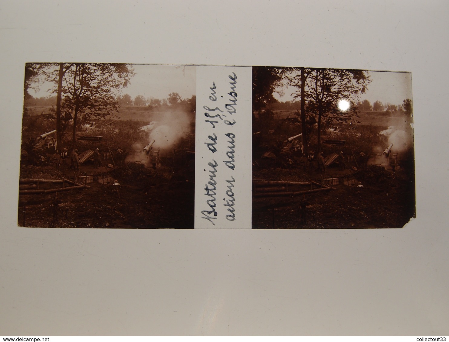 Photo Plaque De Verre Stéréoscopique Guerre 14-18 Batterie De 155 En Action De L'Aisne - Diapositiva Su Vetro