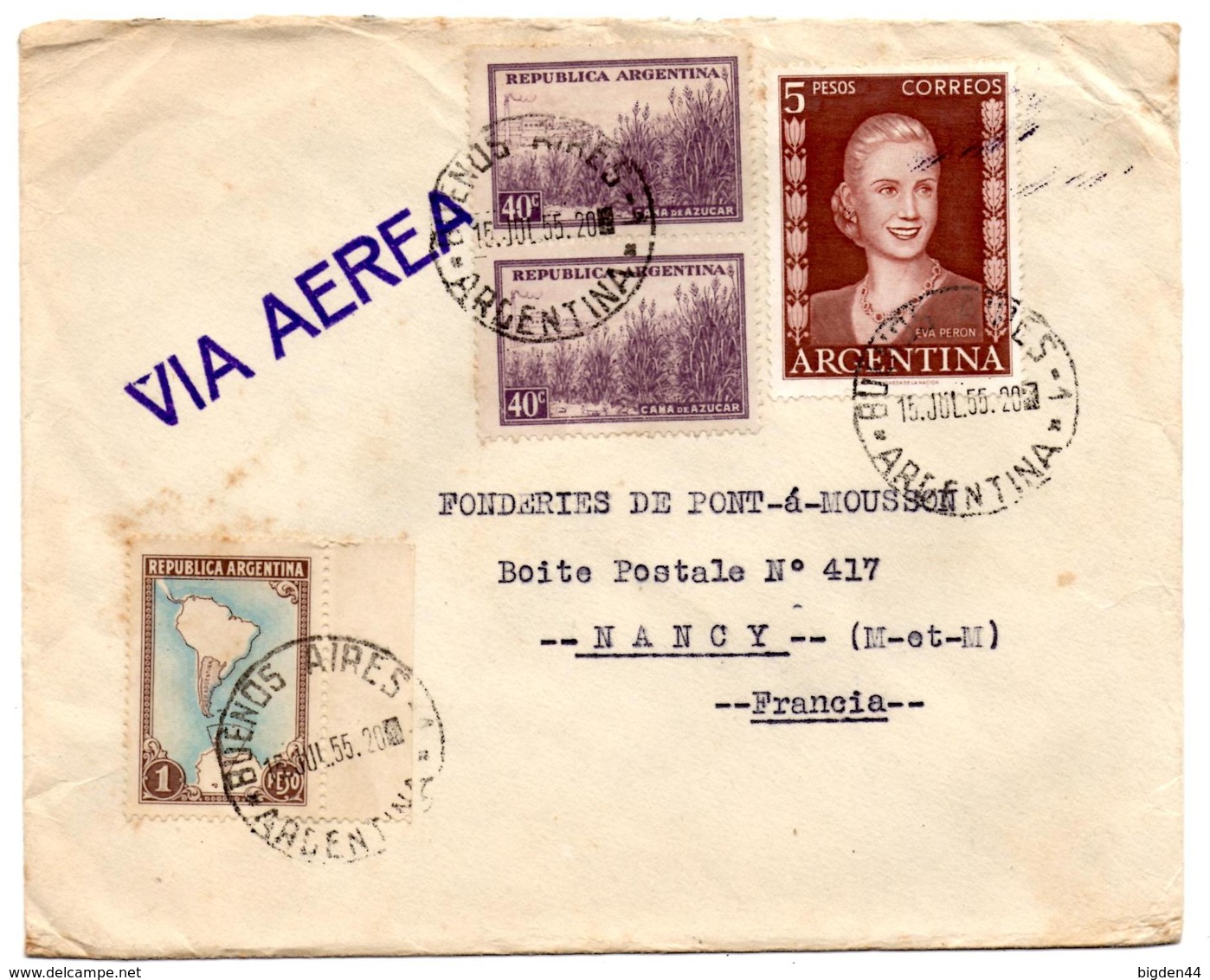 Lettre Par Avion De Buenos Aires (15.07.1955) Pour Nancy Eva Peron - Lettres & Documents