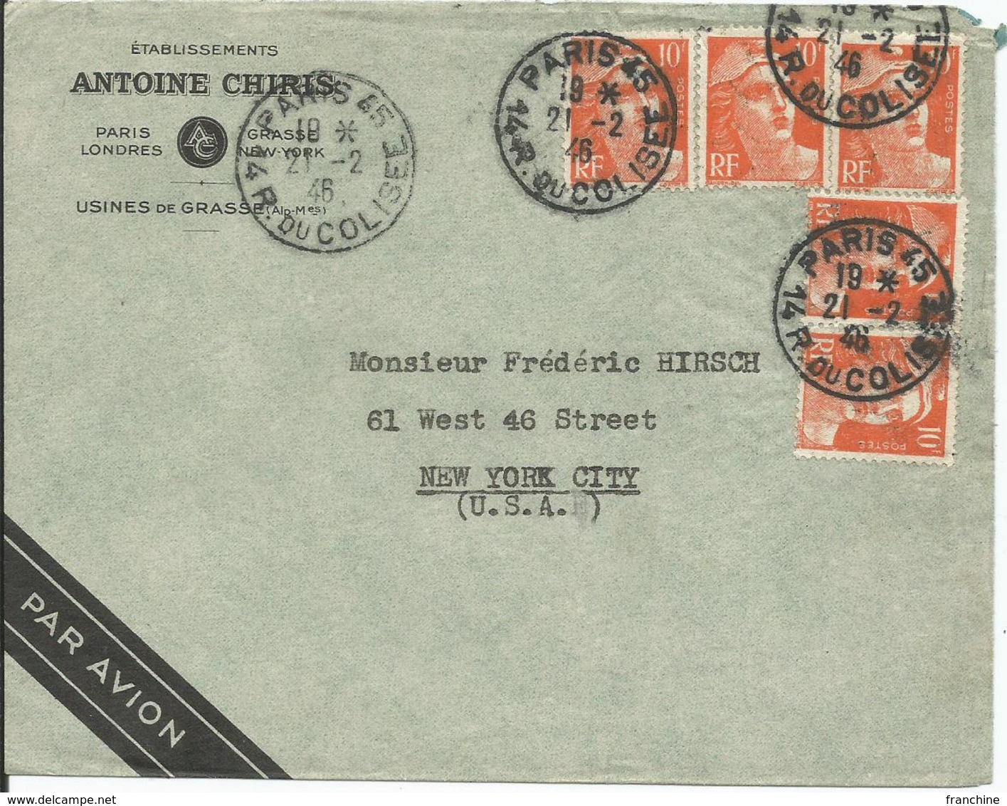 1946 - TRES BEL AFFRANCHISSEMENT ( N° 722 X 5)  Sur Lettre PAR AVION Vers NEW YORK  21/02/1946 - Lettres & Documents