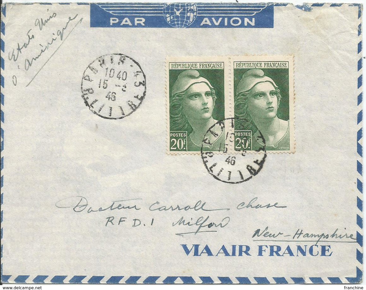 1946 - N° 730 (paire) Sur Lettre PAR AVION Vers MILFORD   U.S.A.    15/03/1946 - Lettres & Documents