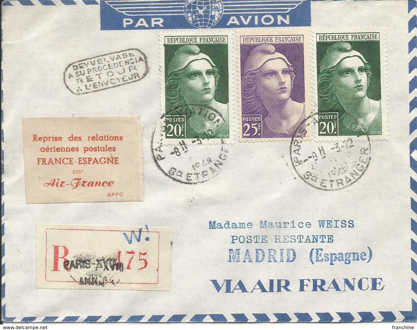 1948 - REPRISE RELATION FRANCE-ESPAGNE Par AIR FRANCE - SUPERBE AFFRANCHISSEMENT - Retour Envoyeur - Lettres & Documents