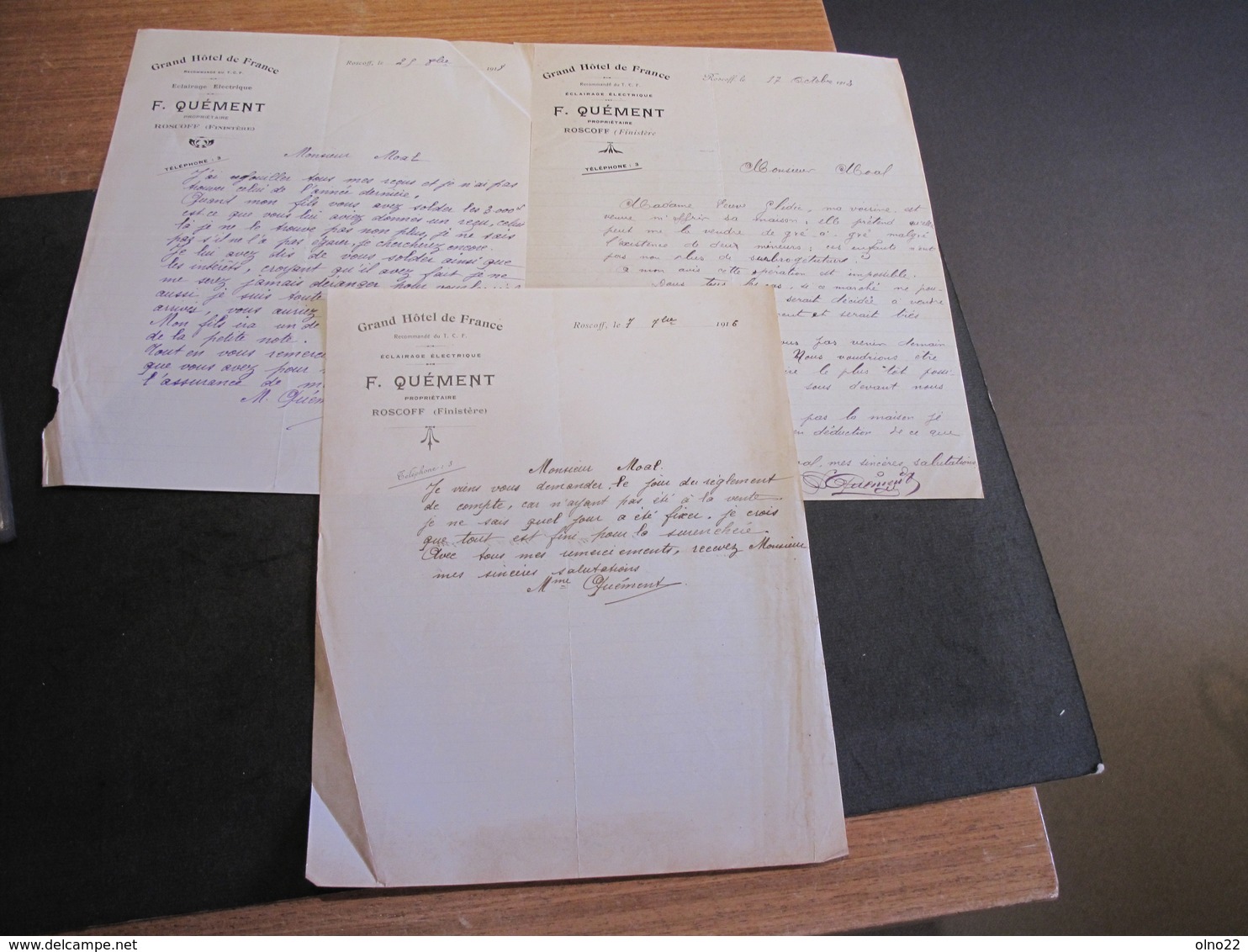 ROSCOFF-GRAND HOTEL DE FRANCE-1913/18-3 Courriers Signés De F.QUEMENT (proprio)adressés Au Notaire MOAL ST POL DE LEON - Manuscripts