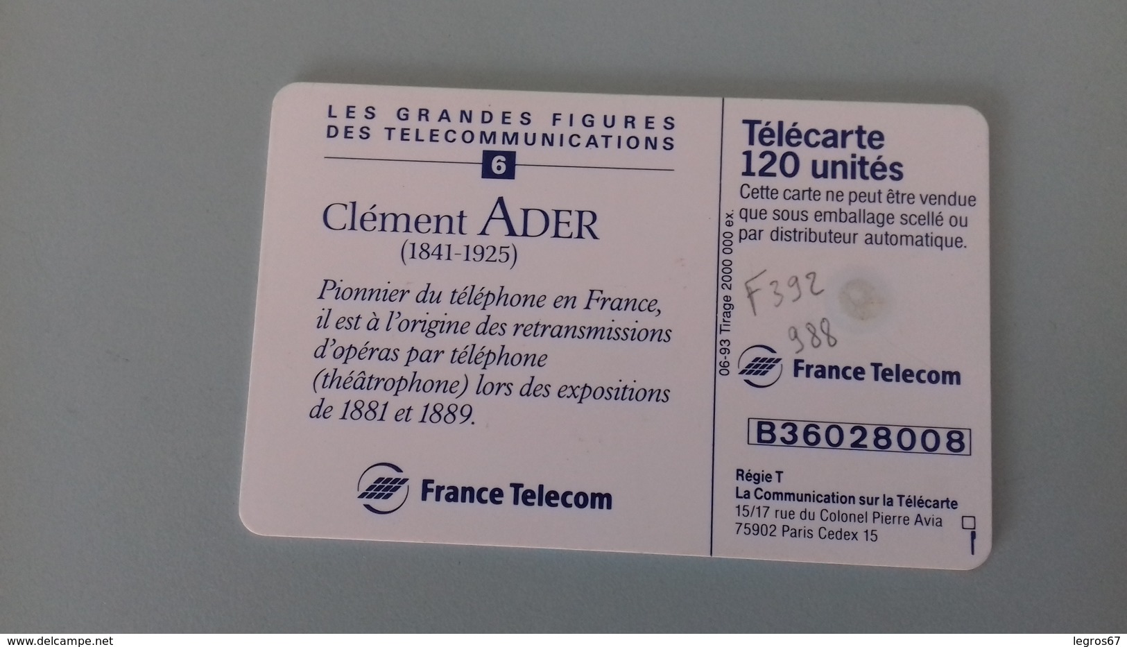 TELECARTE F 392 988 - ADER FIGURES TELECOM 6 - 120 Unità