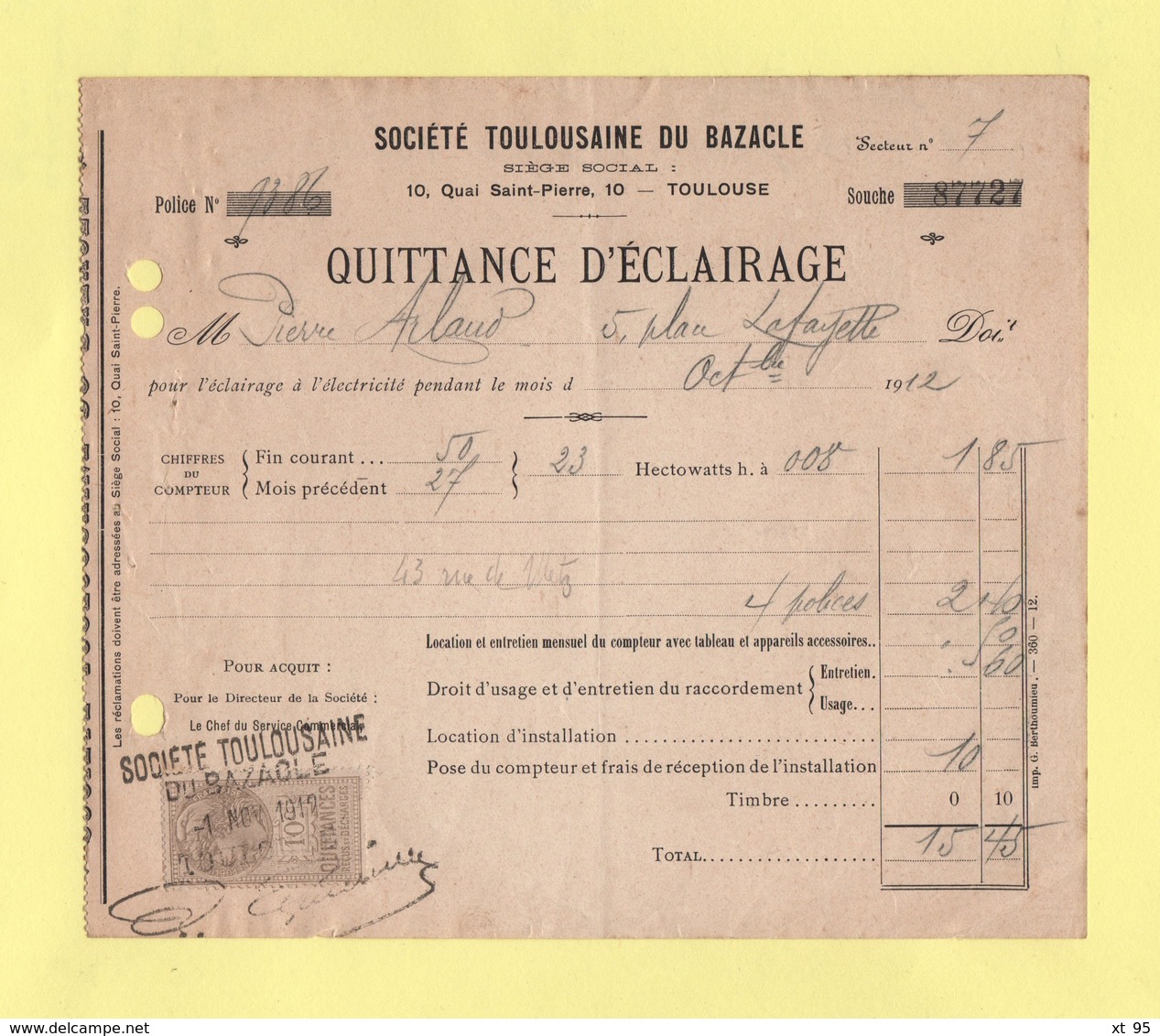 Fiscaux - Quittance D'eclairage - 1912 - Toulouse - Other & Unclassified