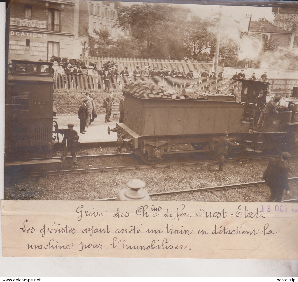 GREVE CHEMIN DE FER OUEST ETAT LES GRÉVISTES ARRÊTE UN TRAIN  18*13CM Maurice-Louis BRANGER PARÍS (1874-1950) - Trenes