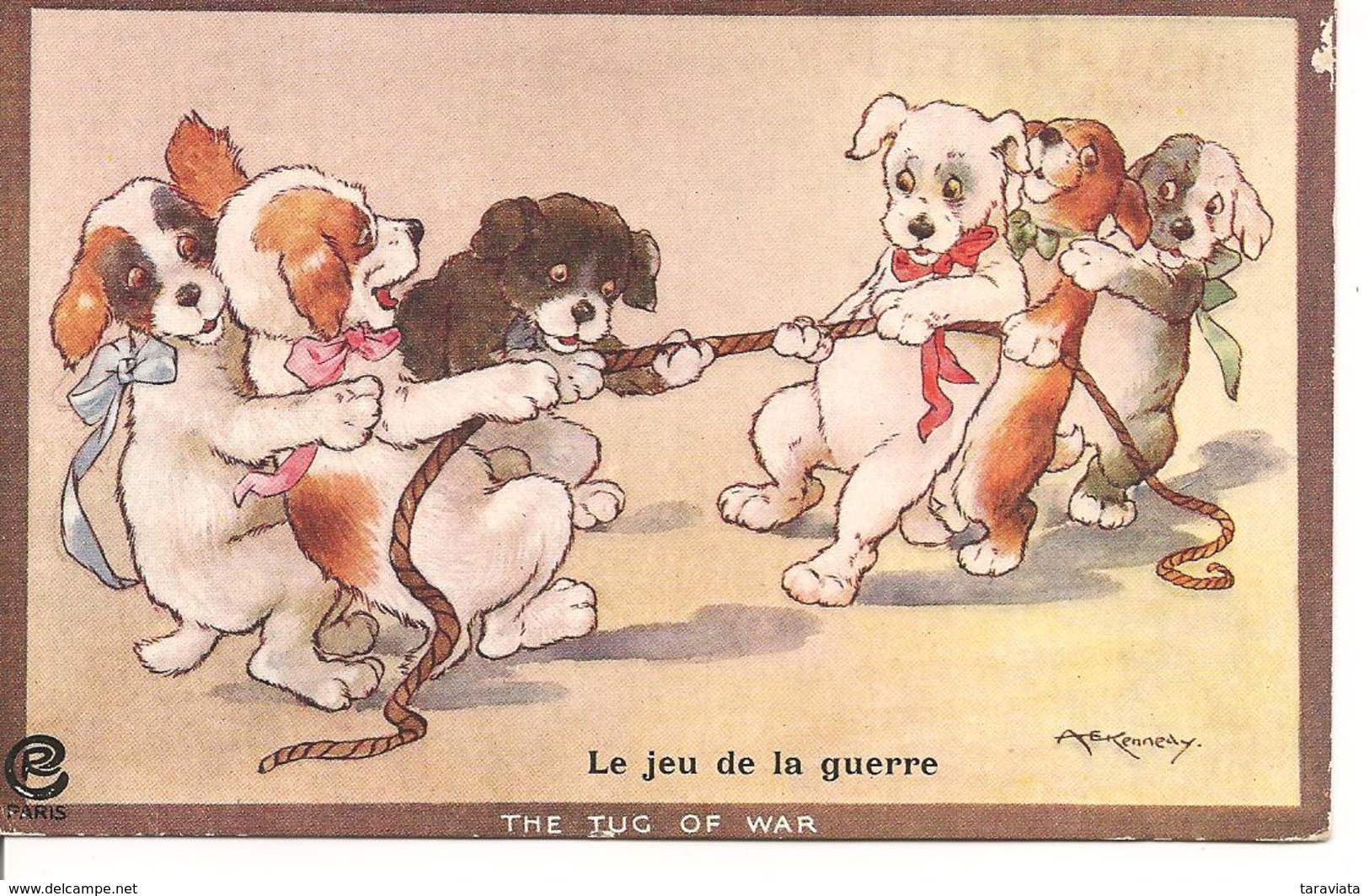 LE JRU DE LA GUERRE  The Tug Of War -  ILLUSTRATEUR KENNEDY - Chiens Humour - Dogs