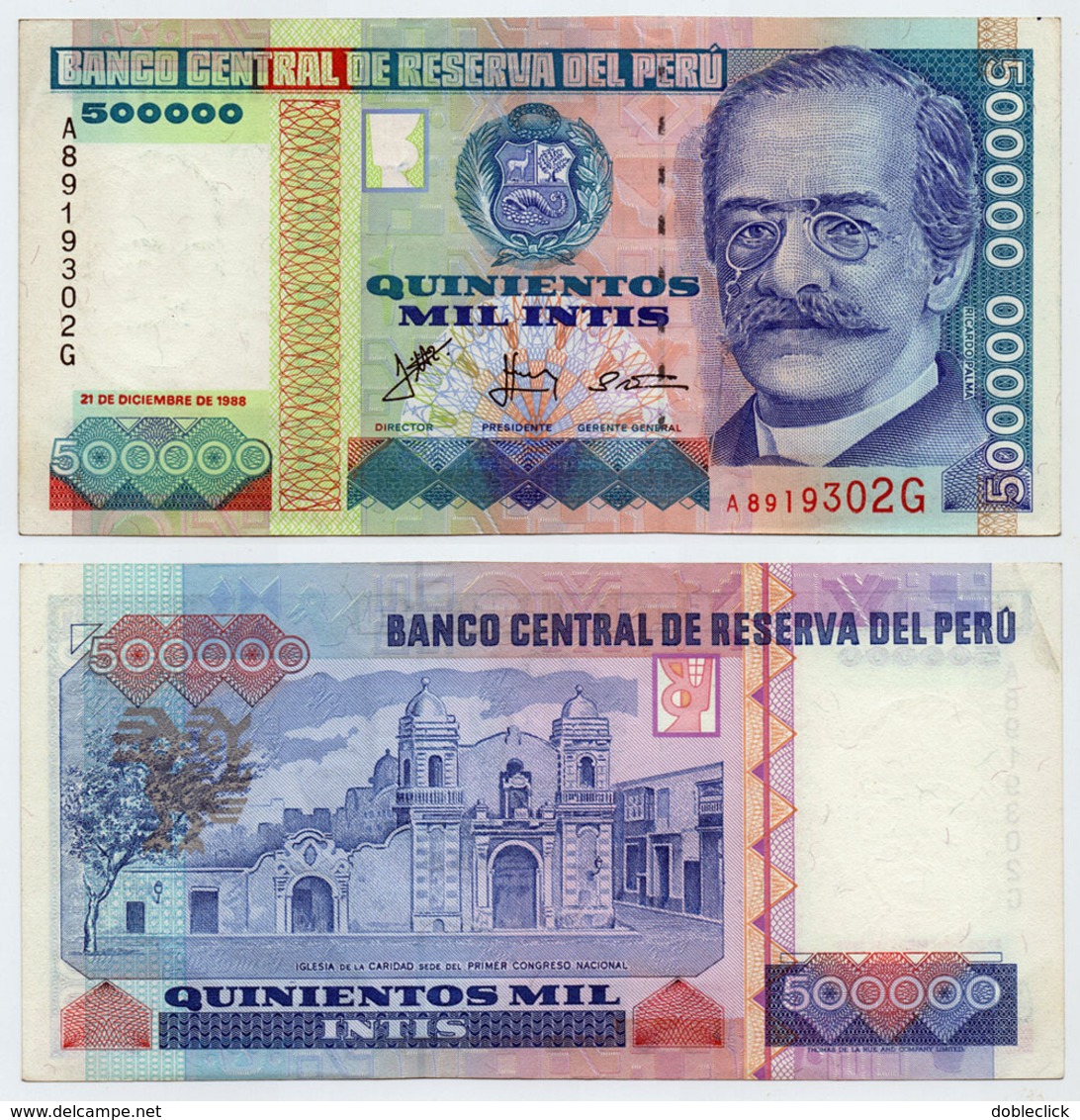 PERU - SCARCE 500 000 500000 INTIS NOTE W/ SILVER THREAD 1988 - XF/AU - Peru