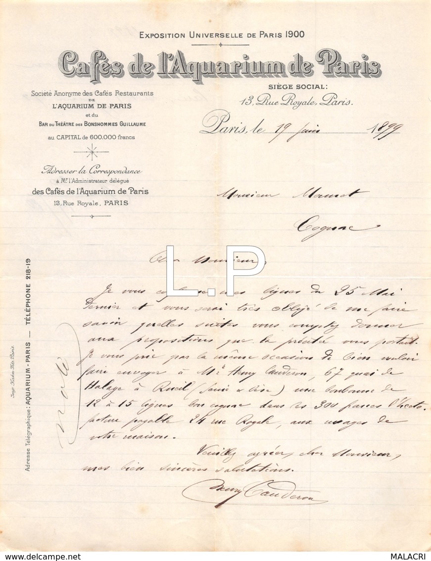 3-1615    Facture  1899  CAFES DE L AQUARIUM A PARIS - M.MONNET A COGNAC - 1900 – 1949