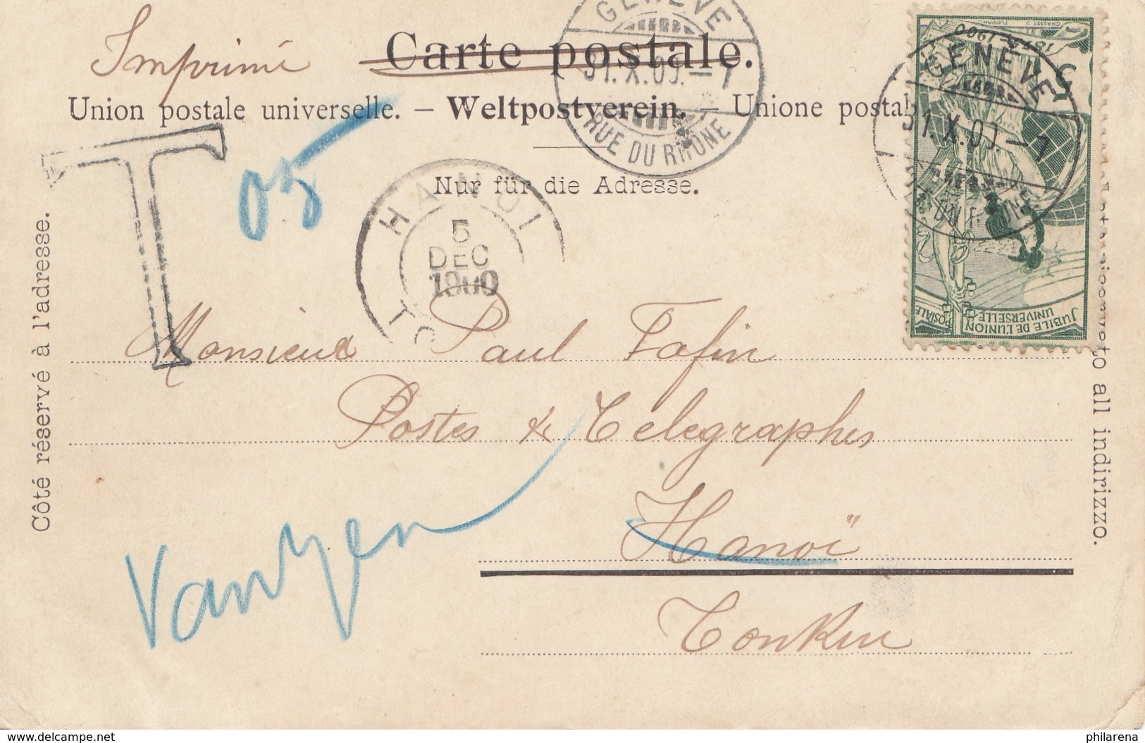 Schweiz: 1900: Ansichtskarte Genf Nach Vietnam, Nachgebühr - Sonstige & Ohne Zuordnung