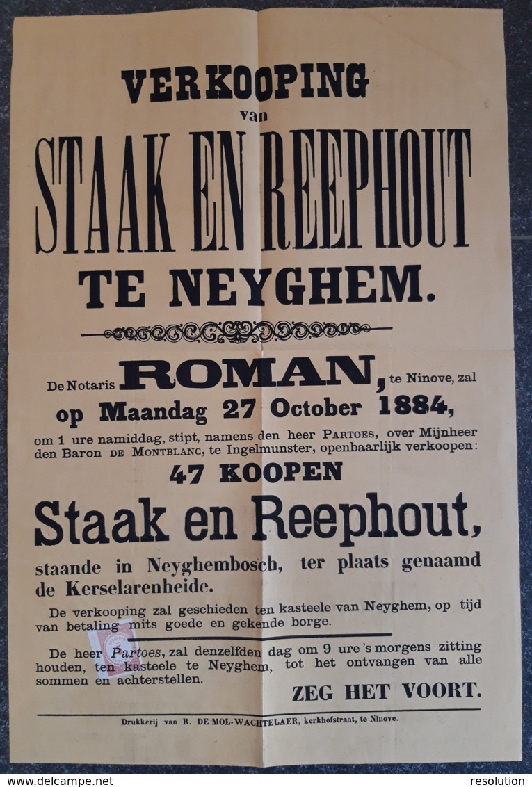 Affiche - Verkooping Van Staek En Reephout Op Neyghem - 27 October 1884 (vente De Bois) - Affiches