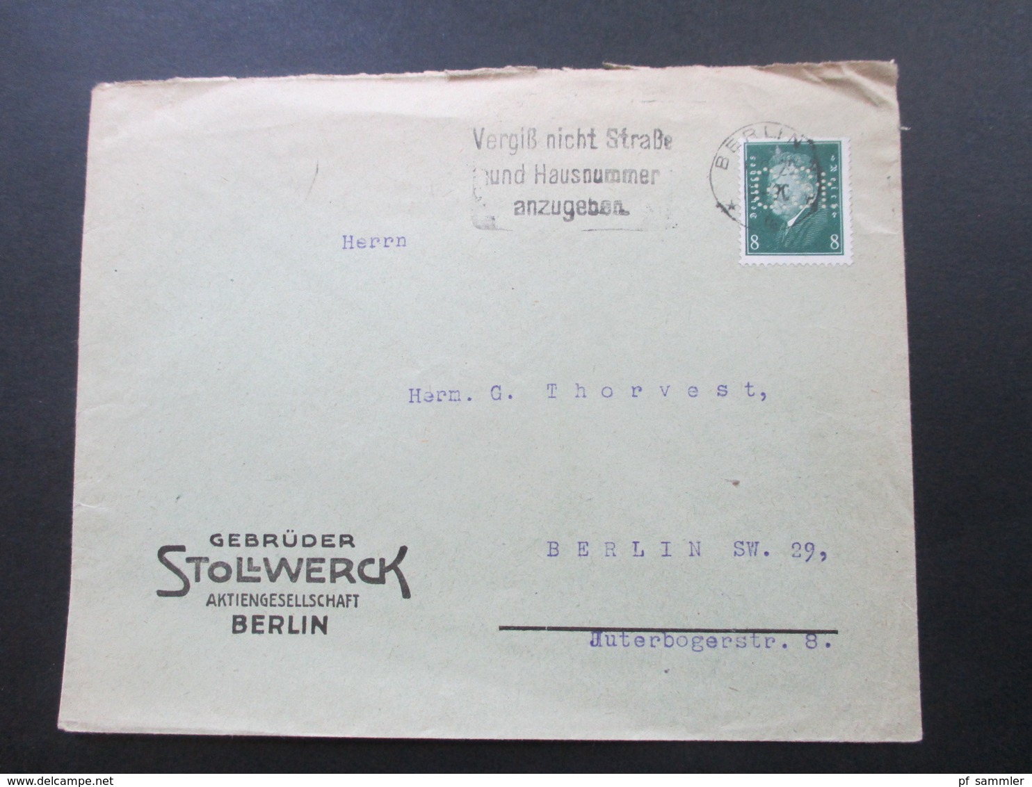 DR 1930 Ebert Nr. 412 EF Firmenbrief Mit Perfin / Firmenlochung Gebrüder Stollwerk Berlin G.St. - Briefe U. Dokumente