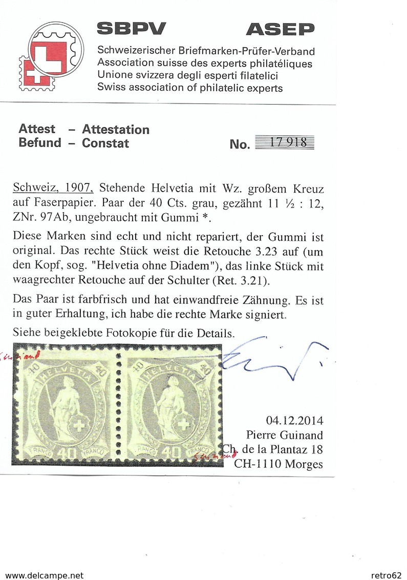 1882 - 1906 STEHENDE HELVETIA Gezähnt →  SBK- 2 X 97A* / Abart 3.23 Fehlendes Diadem & Retouche    ►RAR◄ - Neufs