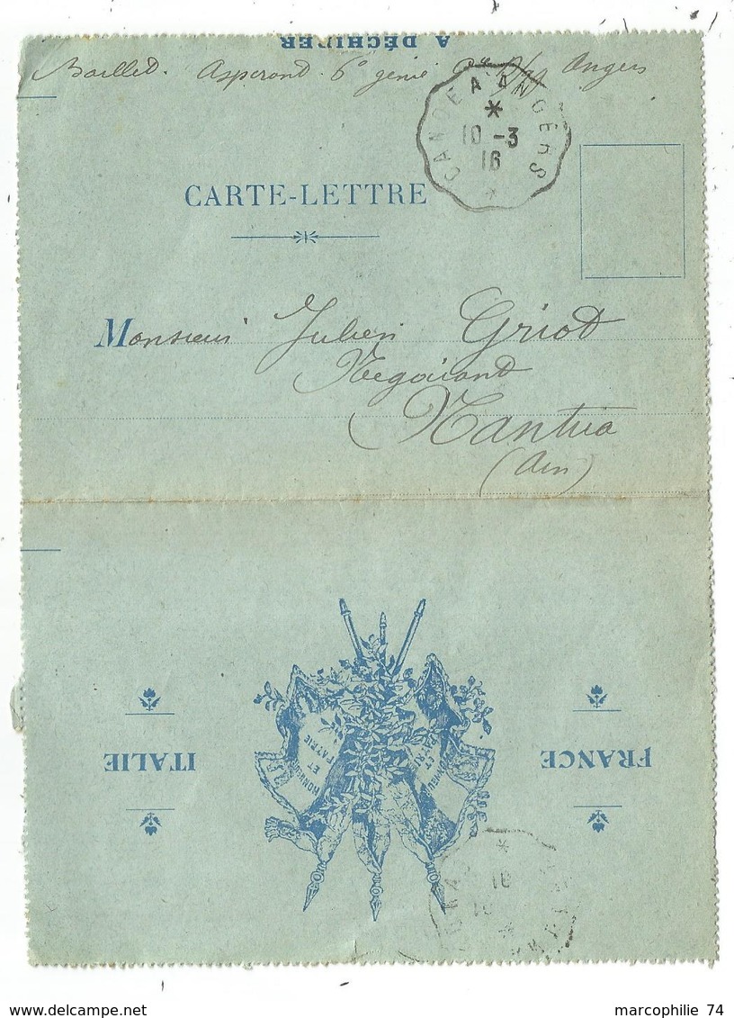 CARTE LETTRE DRAPEAUX FRANCE ITALIE CONVOYEUR CANDE A ANGERS 10.3.1916 MAINE ET LOIRE - Lettres & Documents