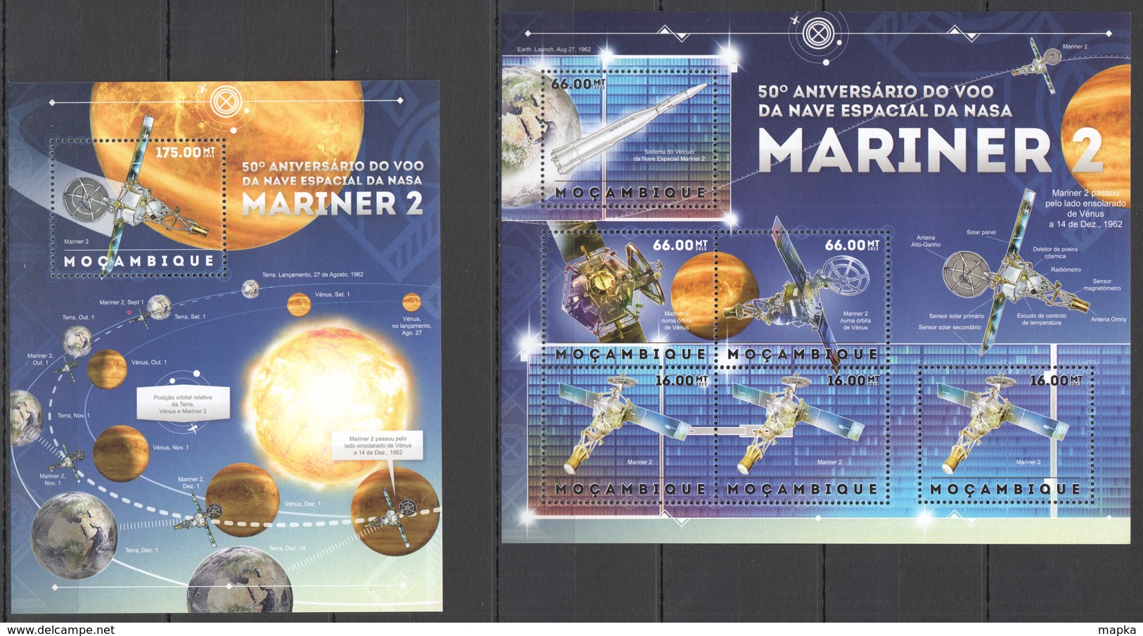 R417 2012 MOZAMBIQUE MOCAMBIQUE SPACE 50TH ANNIVERSARY NASA SPACESHIP MARINER 2 1KB+1BL MNH - Andere & Zonder Classificatie