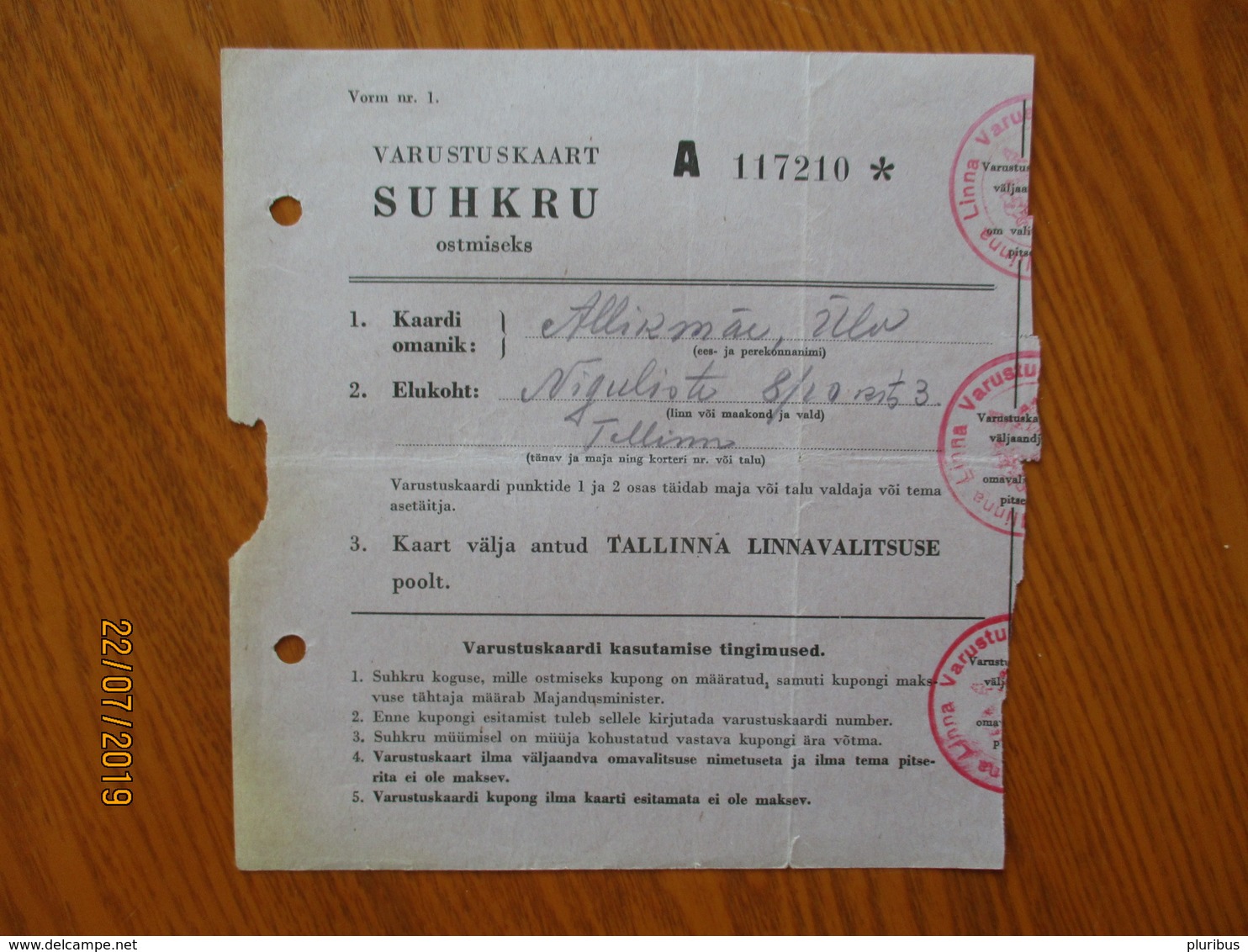 ESTONIA 1940 TALLINN RATION CARD SUGAR Lit.A   ,0 - Estonia