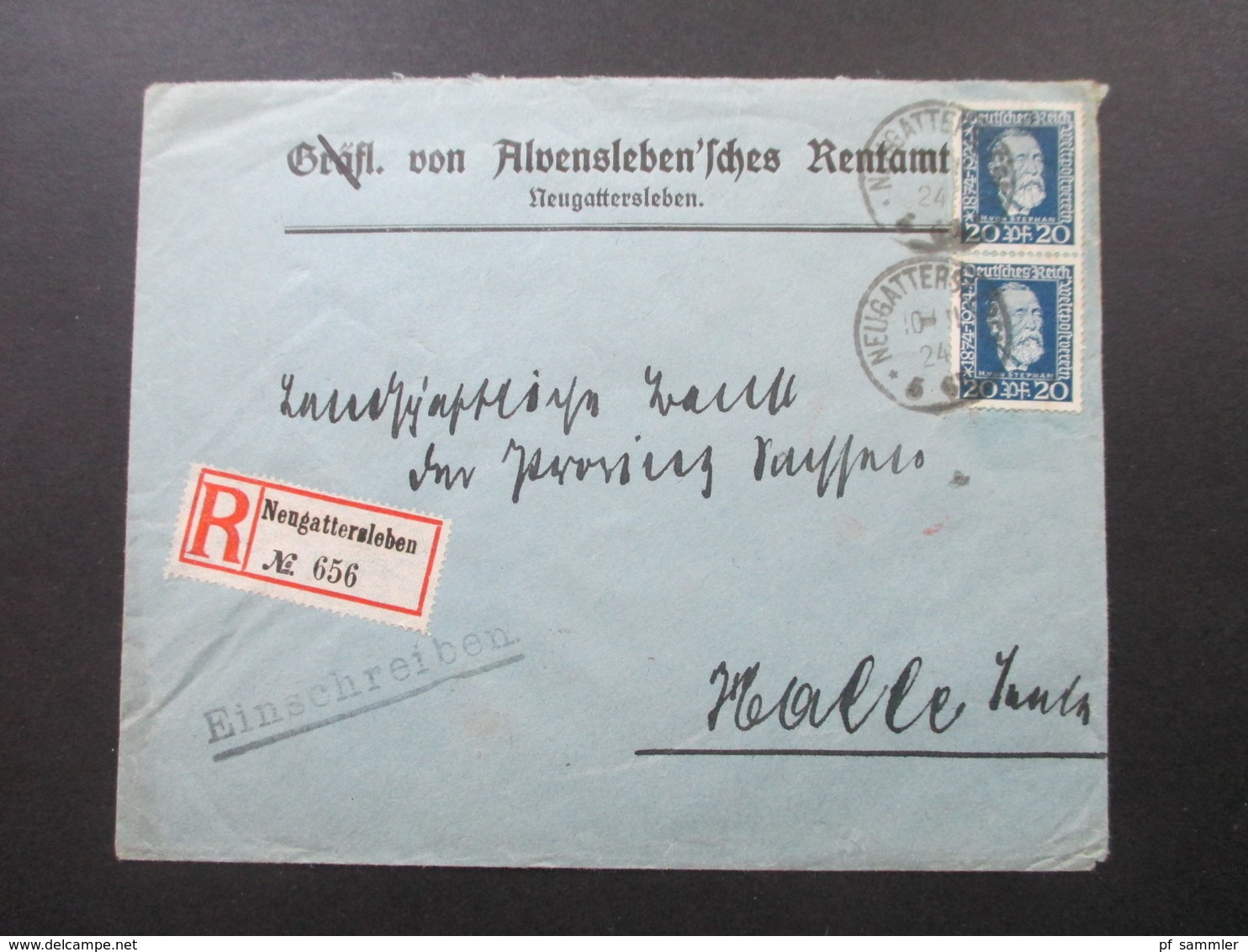 DR 1924 50 Jahre Weltpostverein Nr. 369 MeF Einschreiben Neugattersleben No 656 Gräfl. Von Alvensleben'sches Rentenamt - Briefe U. Dokumente