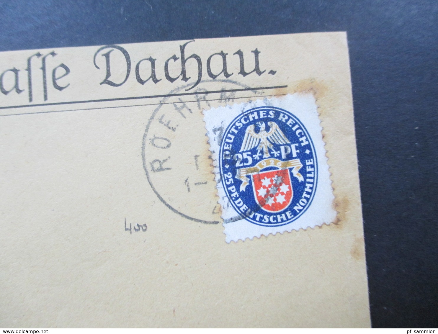 DR 1926 Deutsche Nothilfe Wappen Nr. 400 EF Allgemeine Ortskrankenkasse Dachau Rücks. Gemeinde Stempel - Briefe U. Dokumente