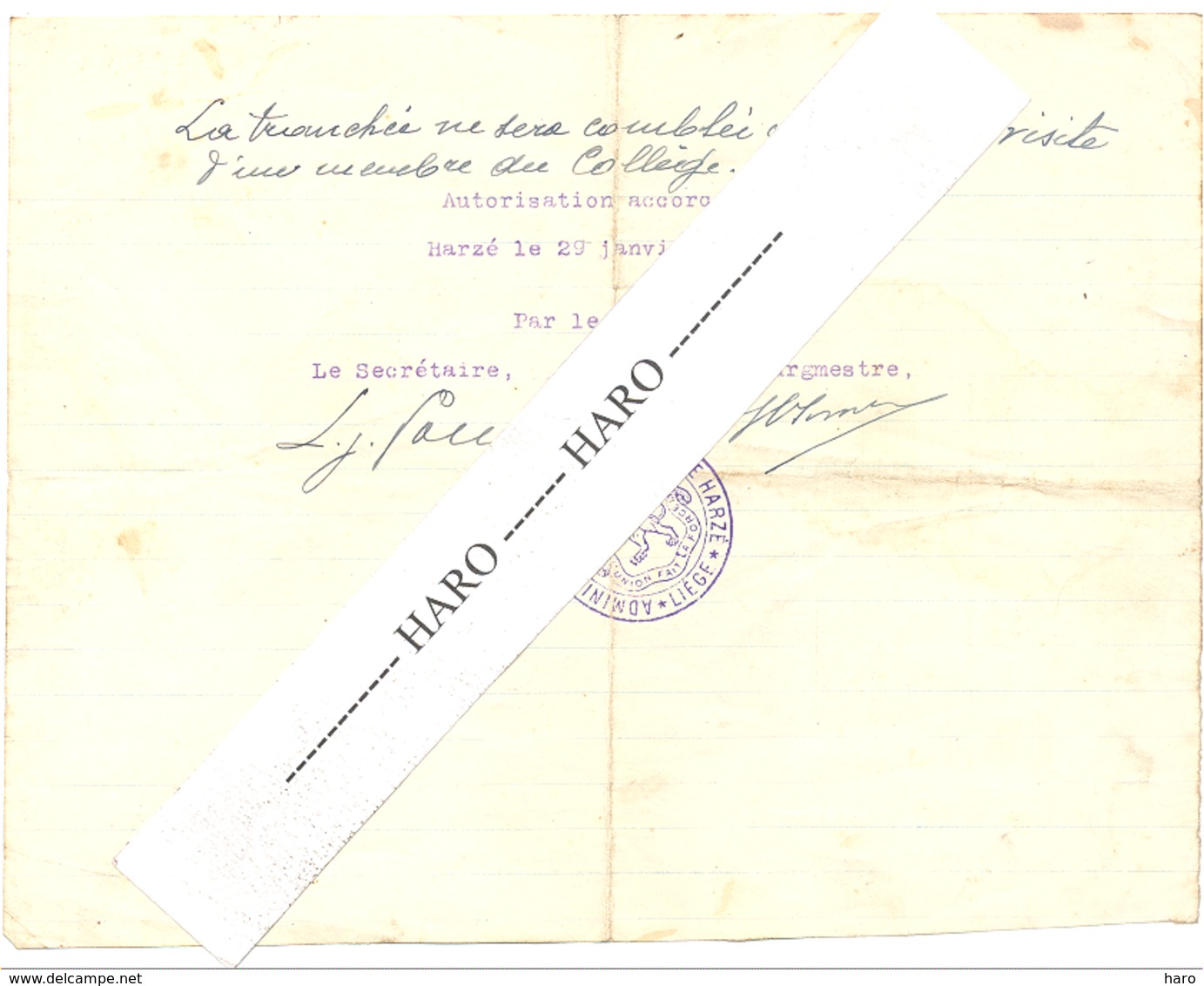 Commune De Harzé - Demande De Raccordement à La Conduite D'eau En 1929 - Marcophilie,....  (b255) - Manuscrits