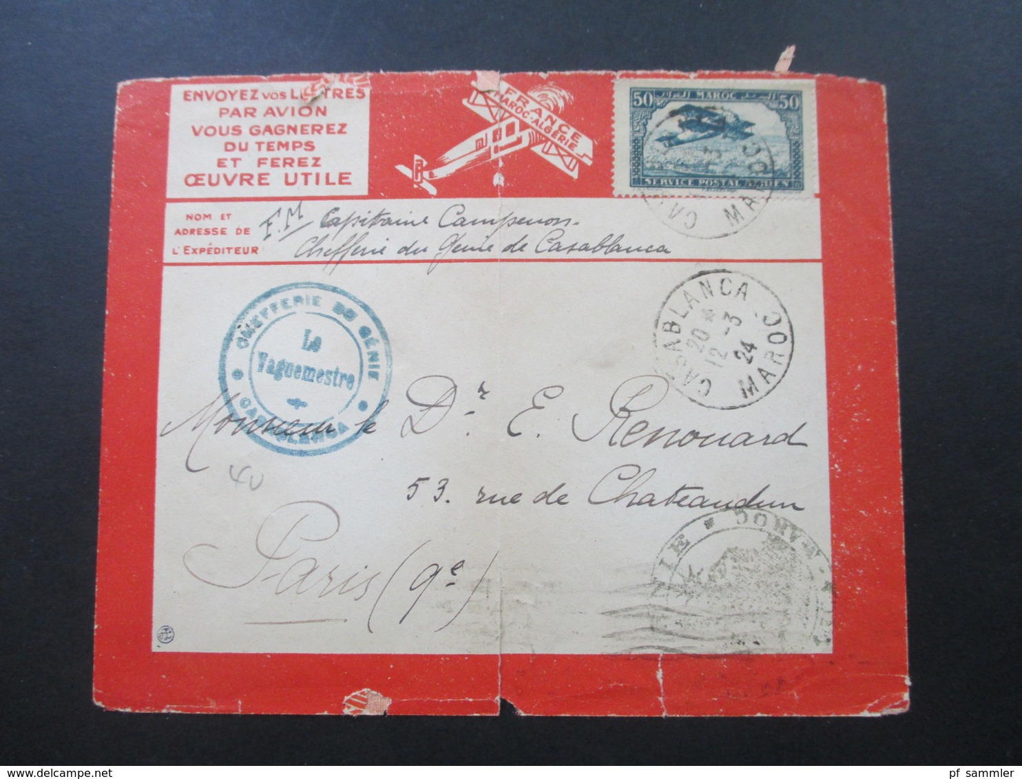 Marokko 1924 Lignes Aeriennes Latecoere France Maroc Algerie Luftpostbeleg Casablanca - Paris Le Vaguemestre - Storia Postale