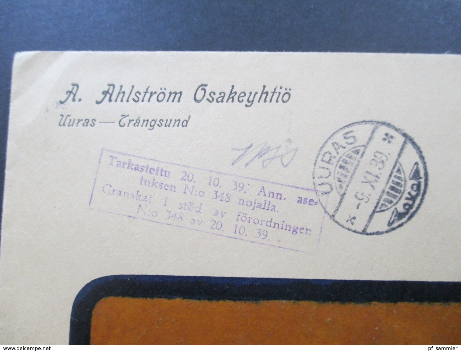 Finnland 1939 A.Ahlström Osakeyhtiö Uuras Trangsund Violetter Stempel Tarkastettu 20.1o.39 Ann. Asetuksen No 348 Nojalla - Brieven En Documenten