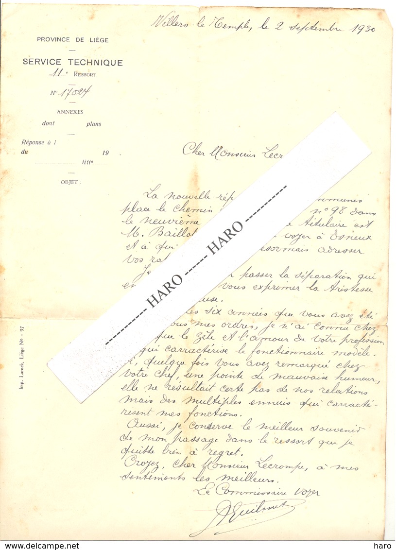 Très Gentille Lettre Adressée Au Cantonnier De Harzé Par L'ancien Commisaire Voyer D'Esneux En 1930. Villers  (b255) - Manuscripts