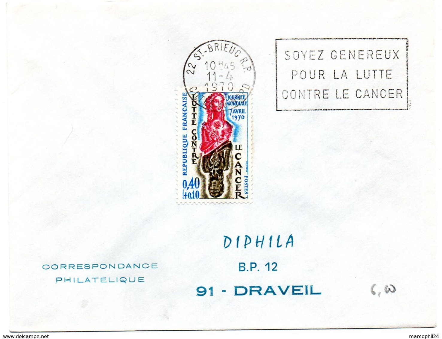 COTES Du NORD - Dépt N° 22 = St BRIEUC RP 1970 = FLAMME CONCORDANTE N° 1636 = SECAP 'Soyez Généreux Contre Cancer' - Oblitérations Mécaniques (flammes)