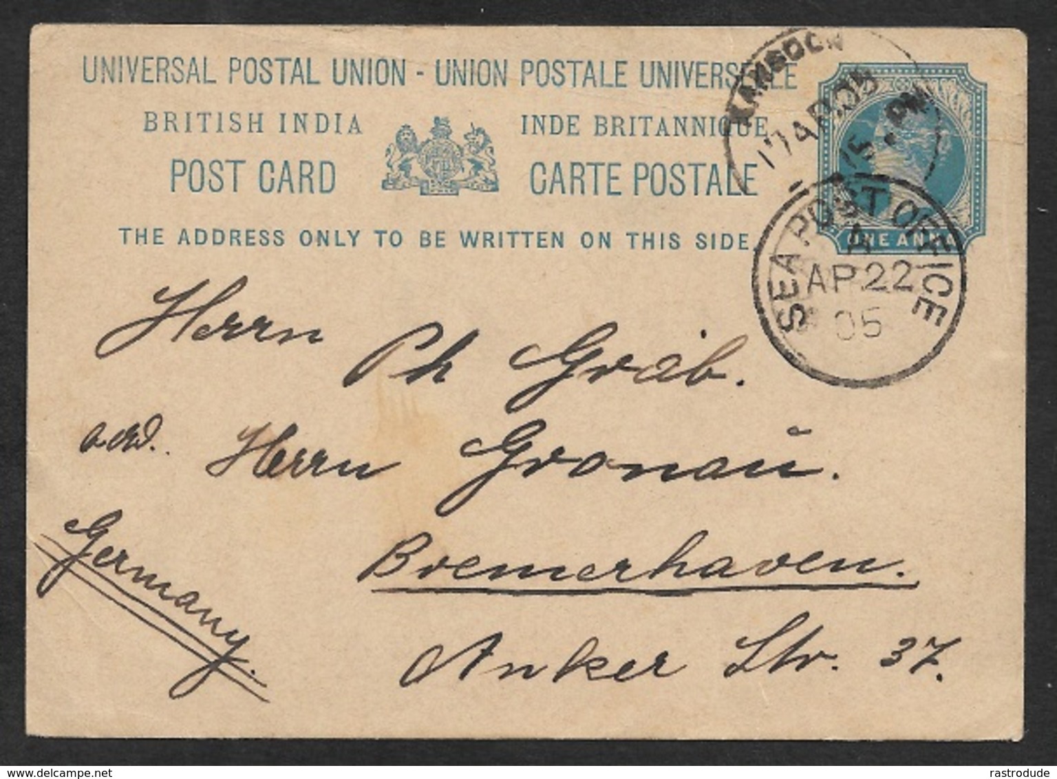 1905 - INDIA - 1A PSC Used In RANGOON, BURMA (MYANMAR) To BREMERHAVEN, GERMANY - 1882-1901 Empire