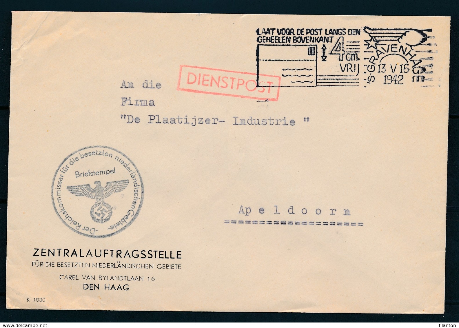 DEUTSCHE DIENSTPOST NIEDERLANDE - Briefomslag Dd 13-05-1942 Den Haag >> Apeldoorn (ref. 1605) - Lettres & Documents