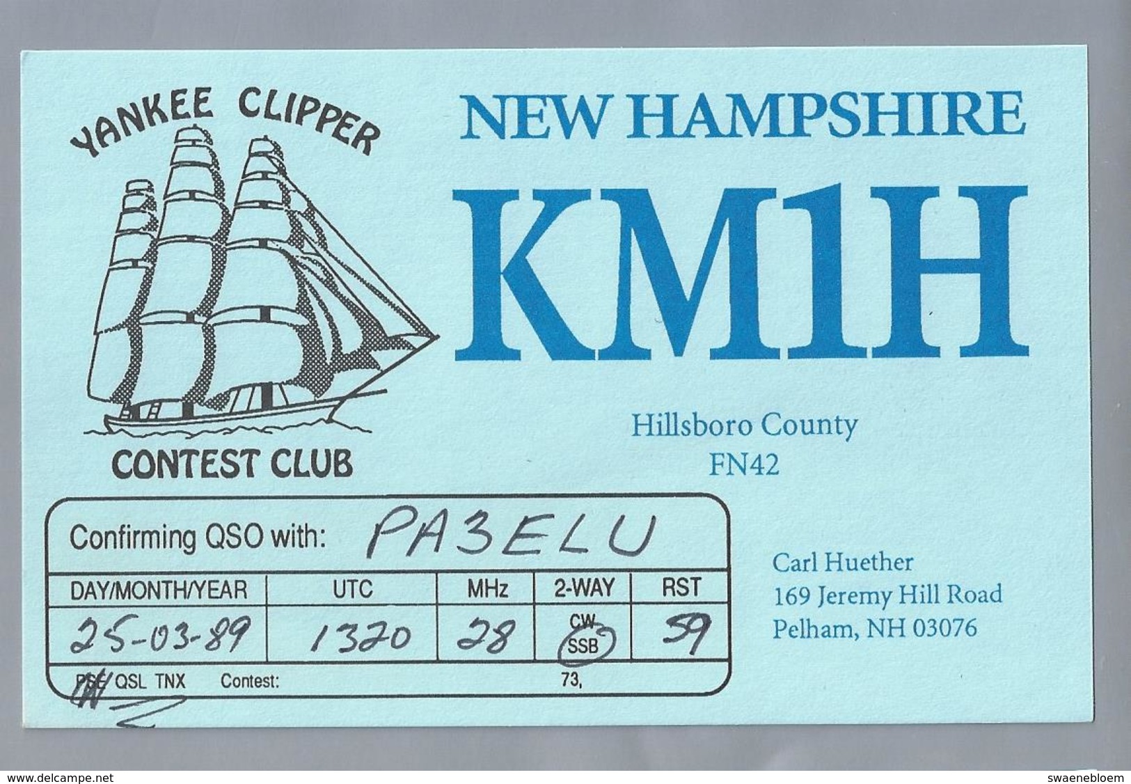 US.- QSL KAART. CARD. KM1H. CARL HUETHER, PELHAM. HILLSBORO COUNTY. YANKEE CLIPPER. NEW HAMPSHIRE. CONTEST CLUB. USA. - Radio-amateur