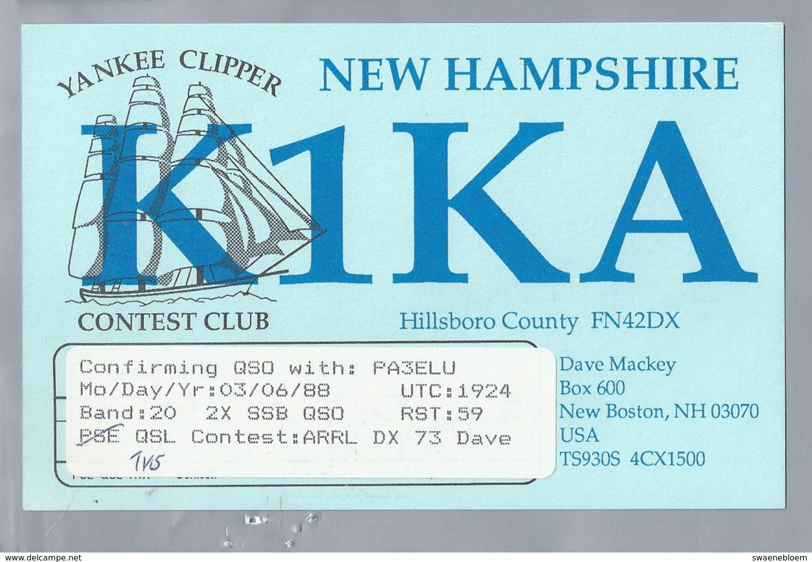 US.- QSL KAART. CARD. K1KA. DAVE MACKEY, NEW BOSTON. HILLSBORO COUNTY. YANKEE CLIPPER. NEW HAMPSHIRE. CONTEST CLUB. USA. - Radio-amateur