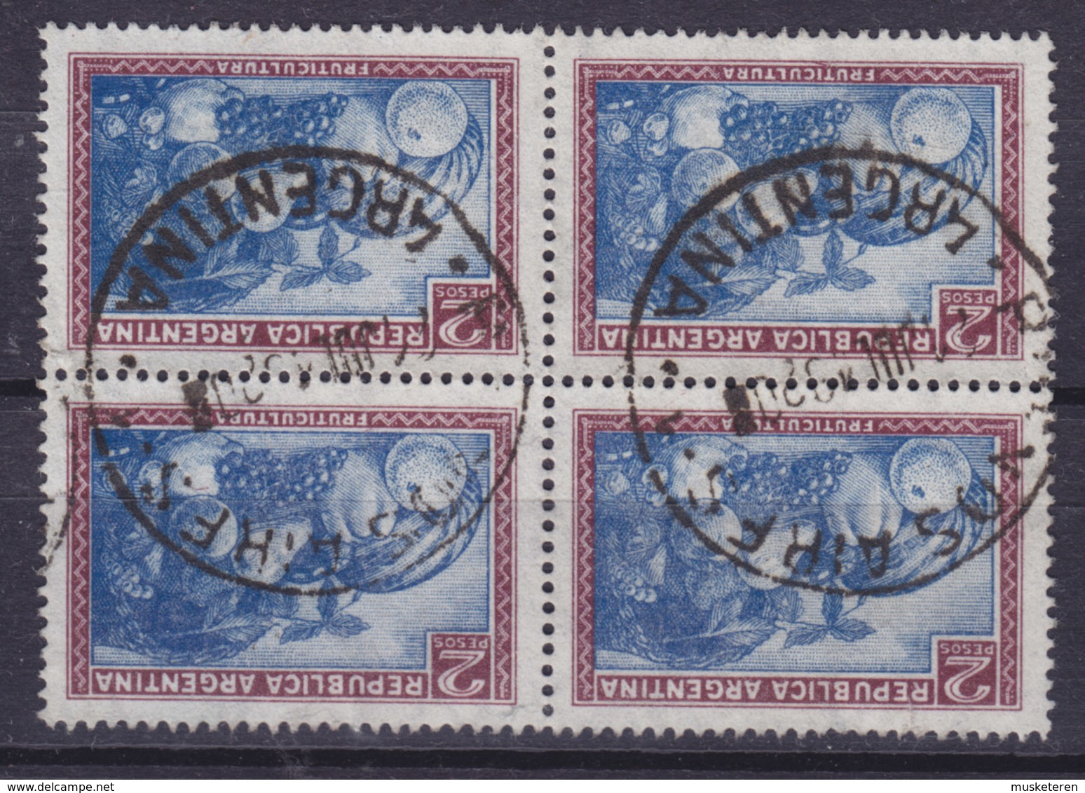 Argentina 1936 Mi. 428 Y    2 P Obstbau 4-Block INVERTED Wmk. 11 !! - Blocks & Sheetlets