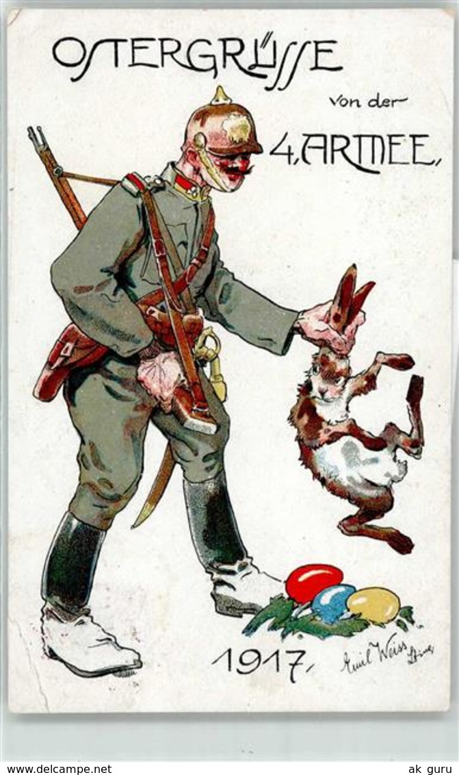 52725333 - Sign. Weiss, Emil Soldat Pickelhaube Hase Ostern - Guerre 1914-18