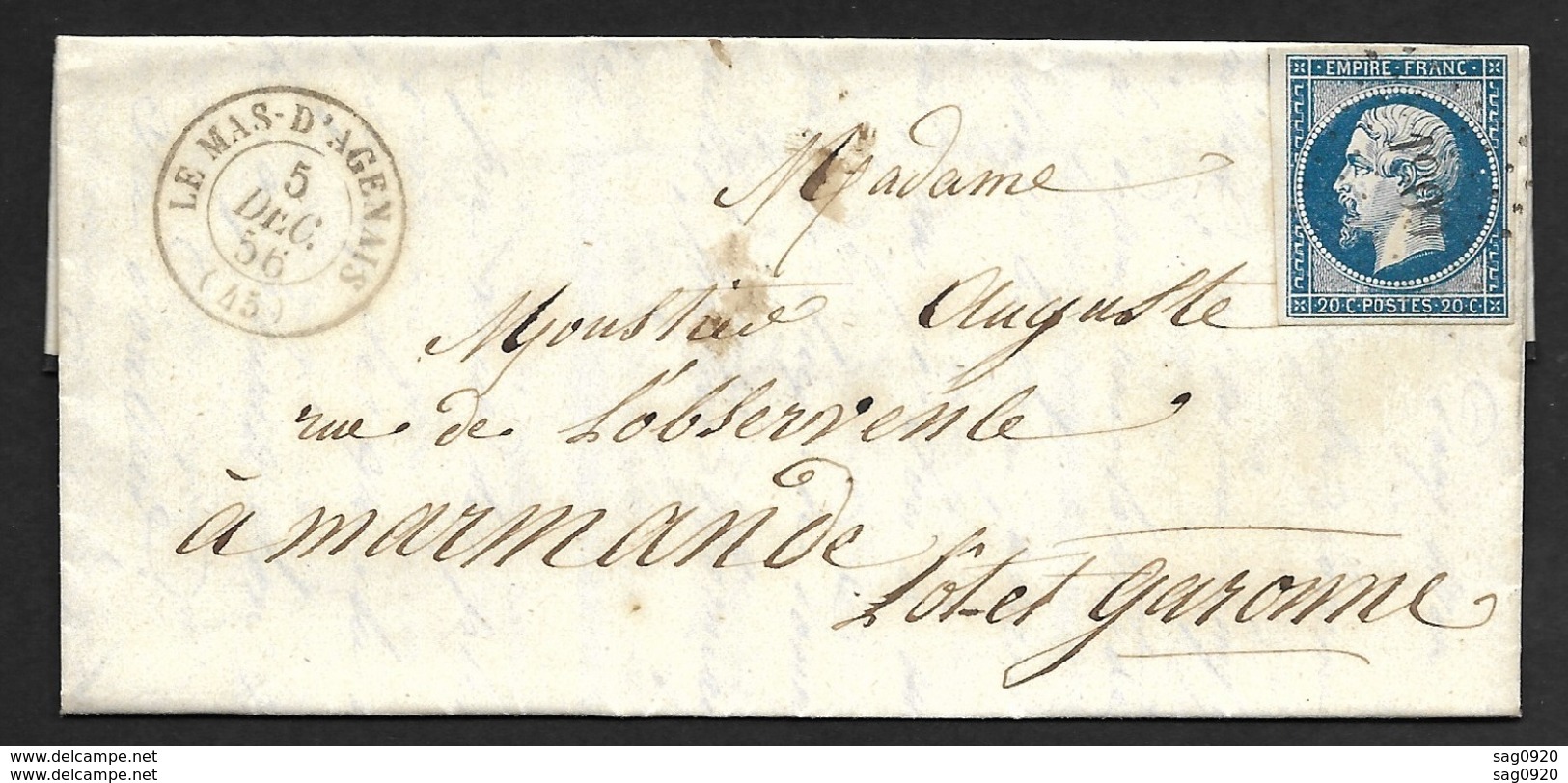 Lot Et Garonne-Lettre Avec N°14A Oblitéré Petit Chiffre 1909 De Le Mas D'Agenais - 1849-1876: Période Classique