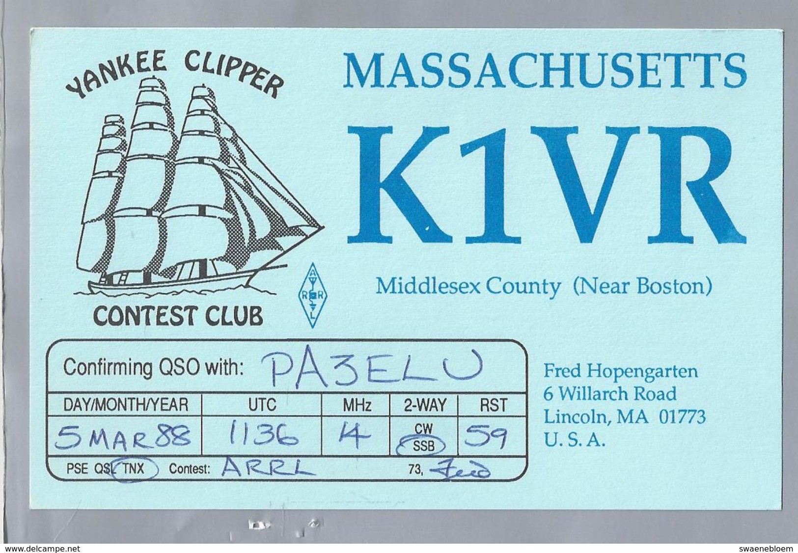 US.- QSL KAART. CARD. K1VR. FRED HOPENGARTEN. LINCOLN, MA. MIDDLESEX COUNTY. YANKEE CLIPPER. MASSACHUSETTS. CONTEST CLUB - Radio-amateur