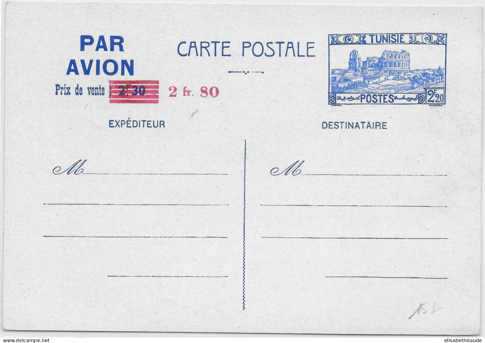 TUNISIE - 1942 - CARTE ENTIER PAR AVION Avec SURCHARGE 2F80 - Posta Aerea