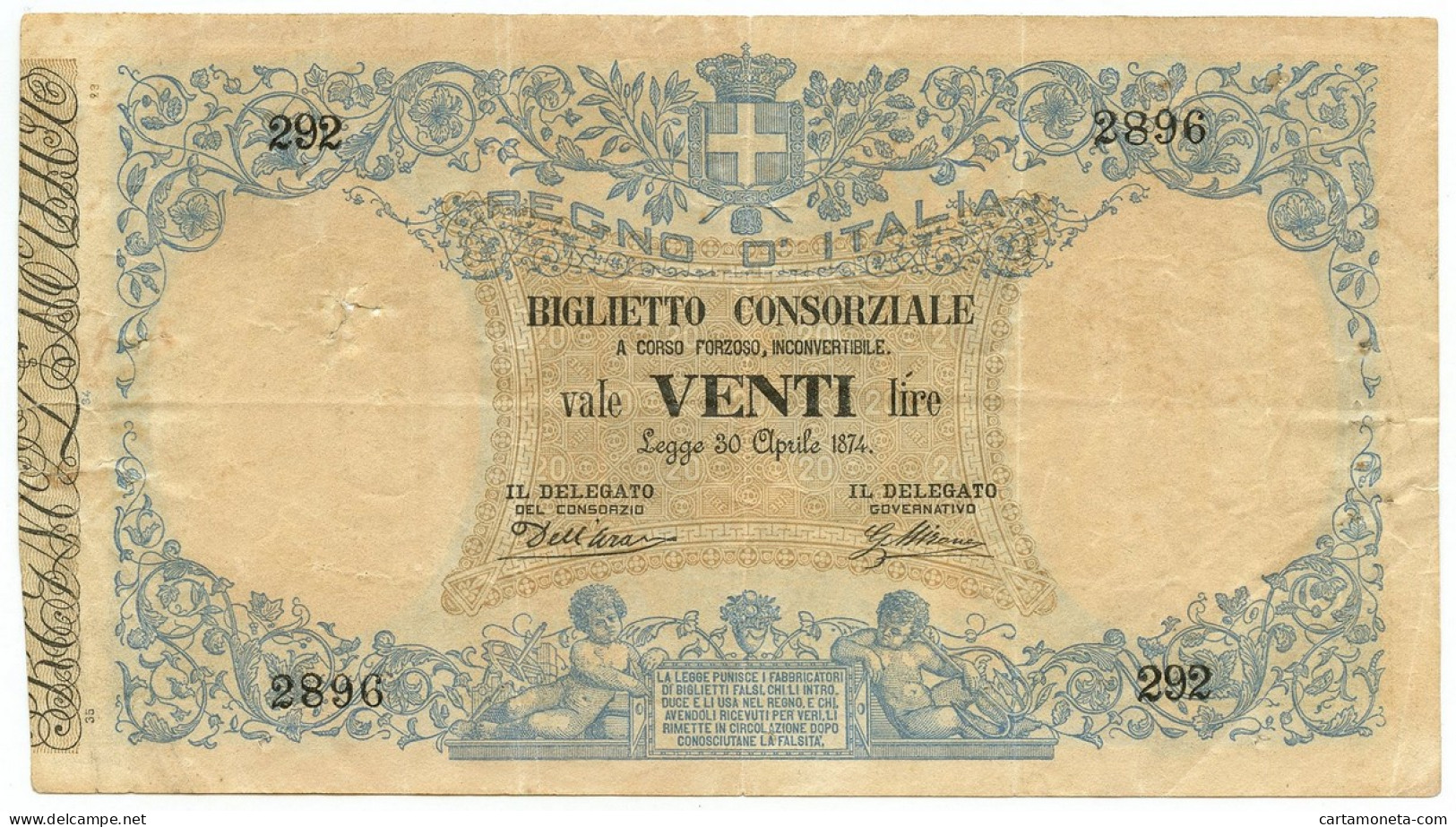 20 LIRE BIGLIETTO CONSORZIALE REGNO D'ITALIA 30/04/1874 BB - Biglietto Consorziale