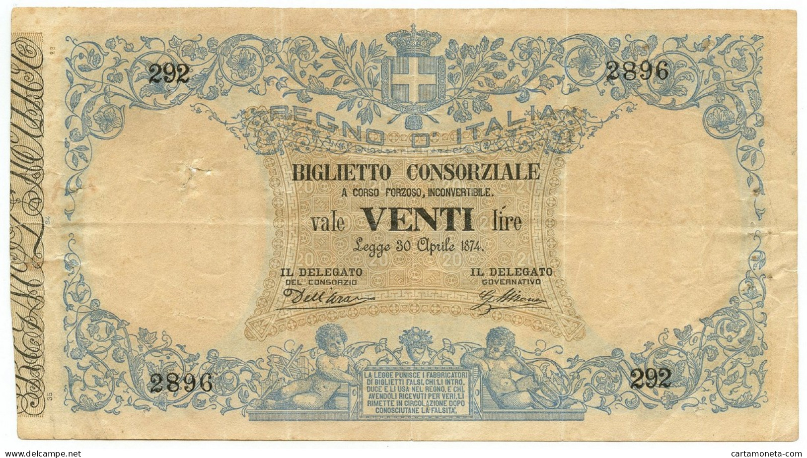 20 LIRE BIGLIETTO CONSORZIALE REGNO D'ITALIA 30/04/1874 BB - Biglietti Consorziale